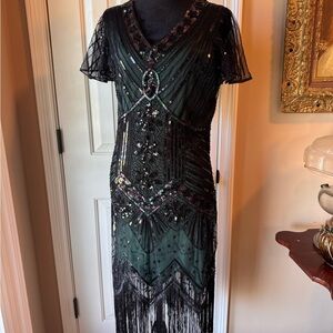 Fundaisy Black and Green Beaded Midi Dress